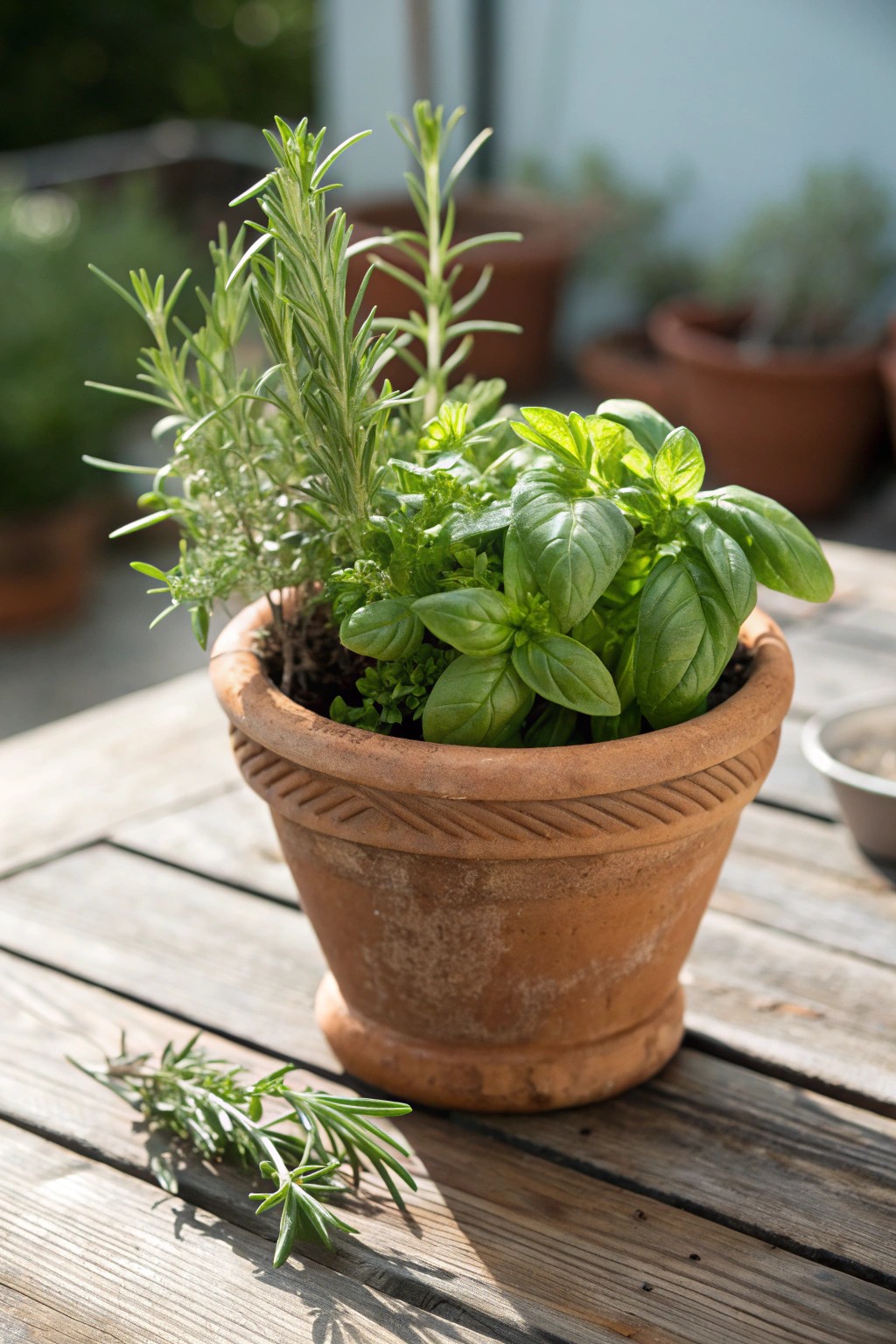 Simple elegance: a terracotta pot of fresh herbs brings natural beauty to your table.
