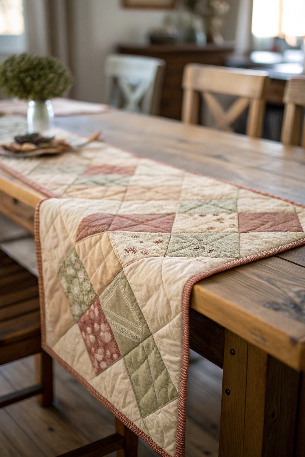 Cozy elegance: a textured quilted runner brings warmth and handmade charm to your table.