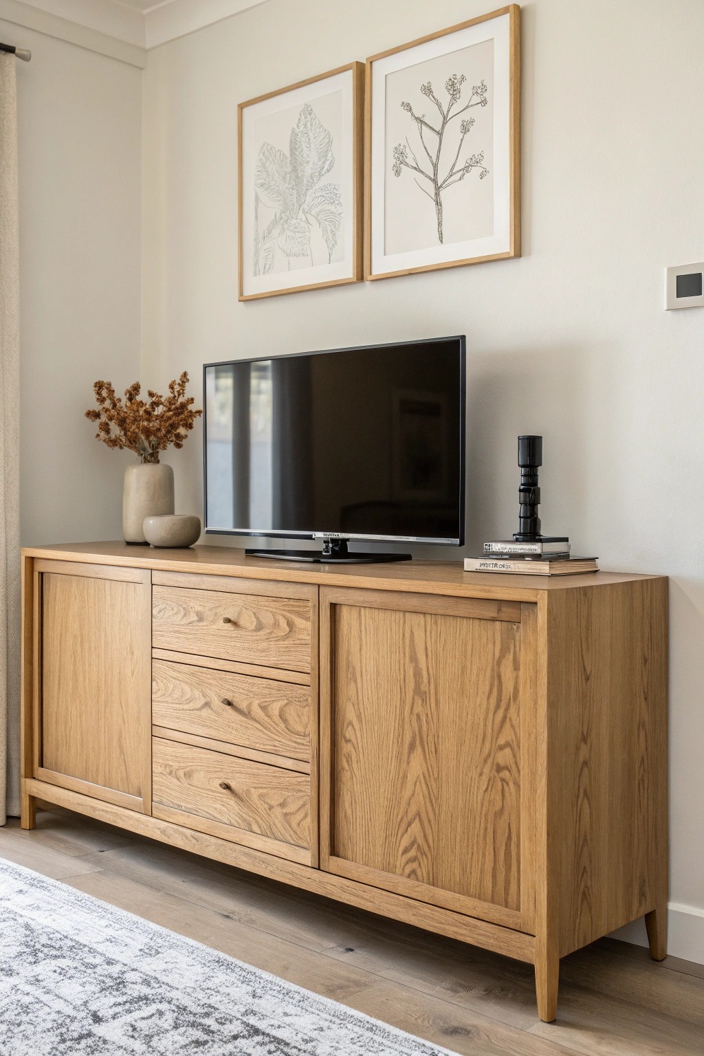 Symmetry meets craftsmanship—elevate your TV wall with matching cabinets for a serene, balanced look.