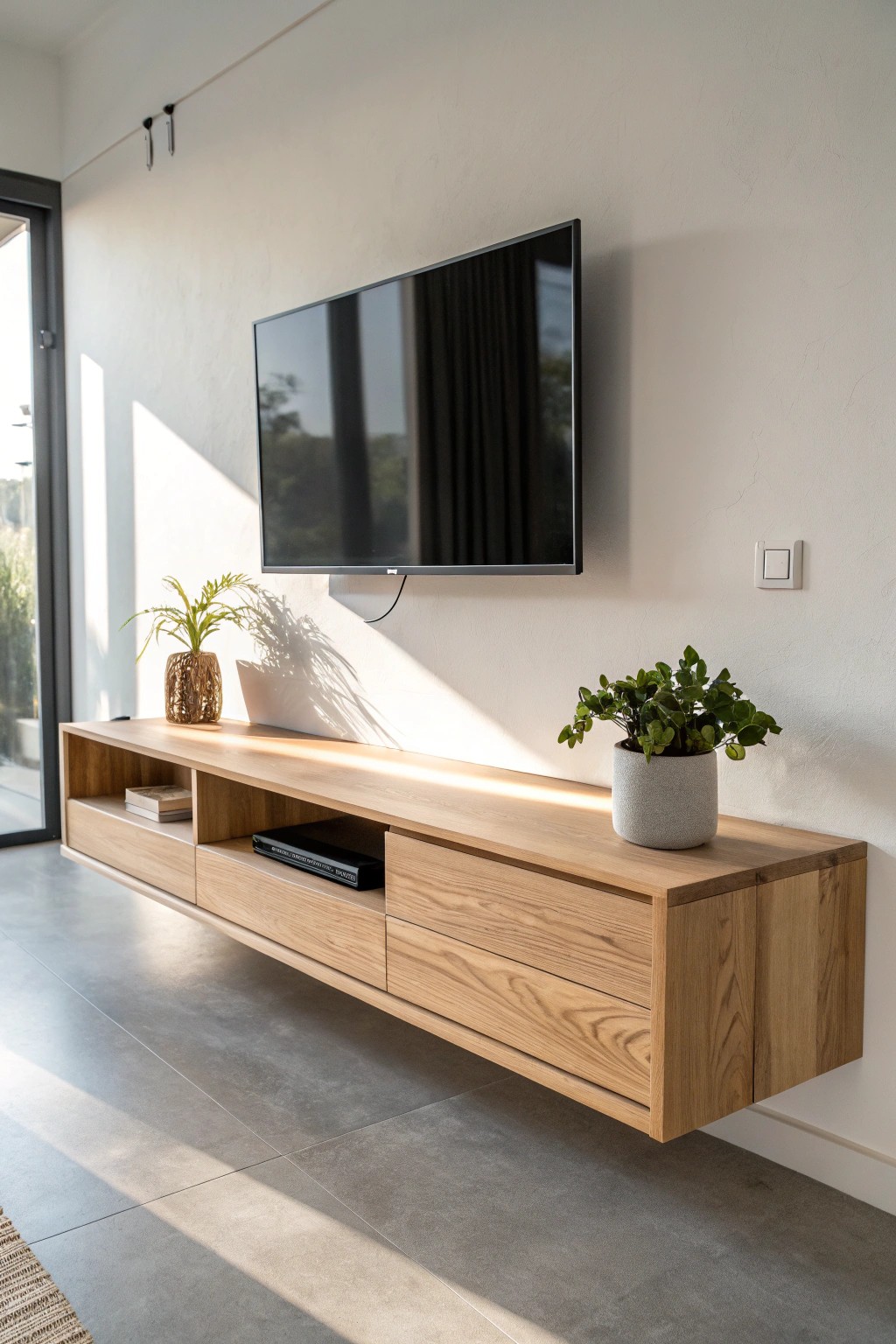 Minimalist floating console—modern storage with natural warmth.