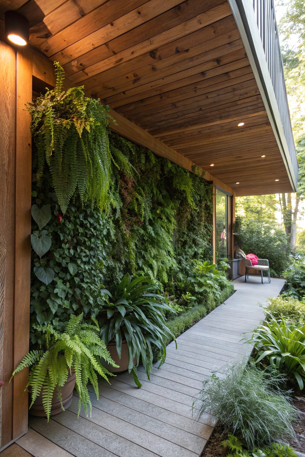 A green wall under the deck turns plain space into a vibrant natural focal point.