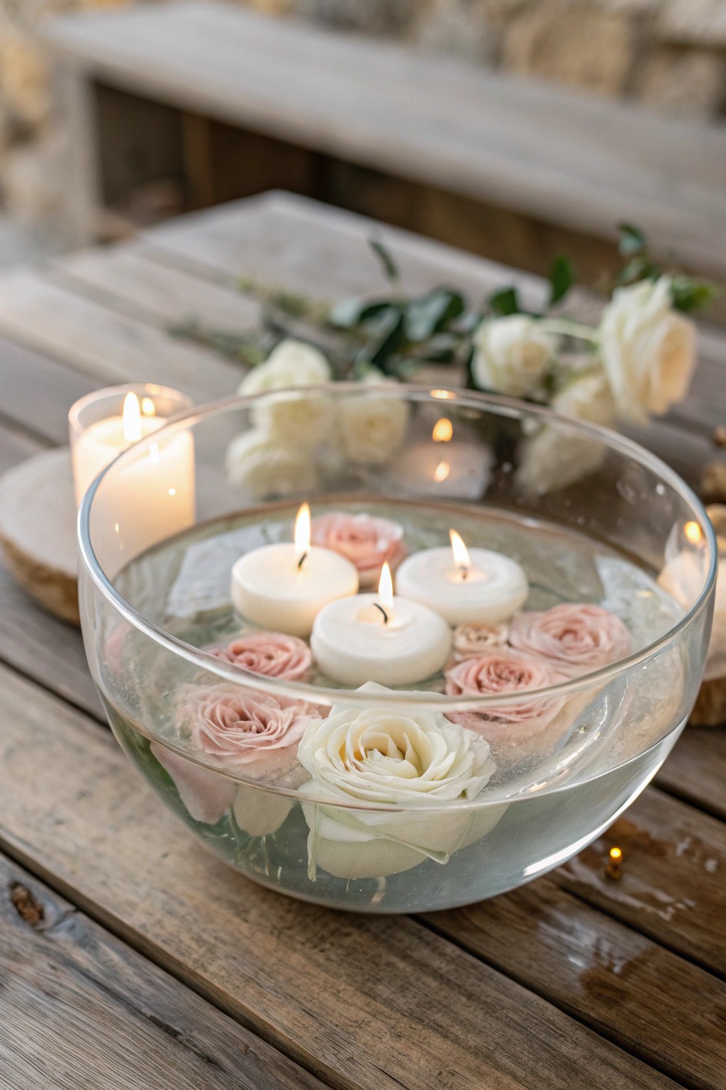 Serene wedding centerpiece: floating candles and fresh blooms in a simple glass bowl.