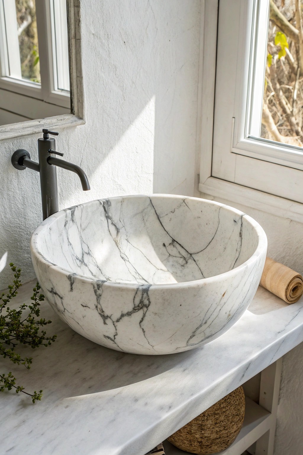 Elevate your bathroom with the timeless elegance of veined white marble.