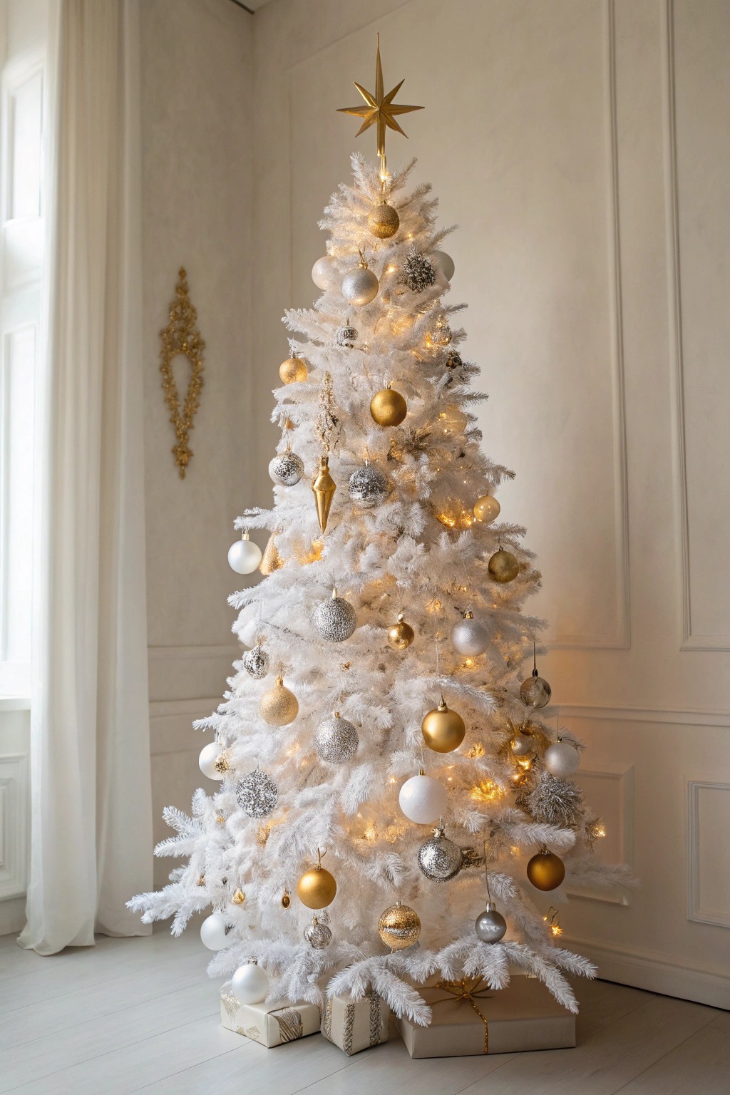 Mixing gold, silver, and platinum for a breathtakingly glamorous white Christmas tree.