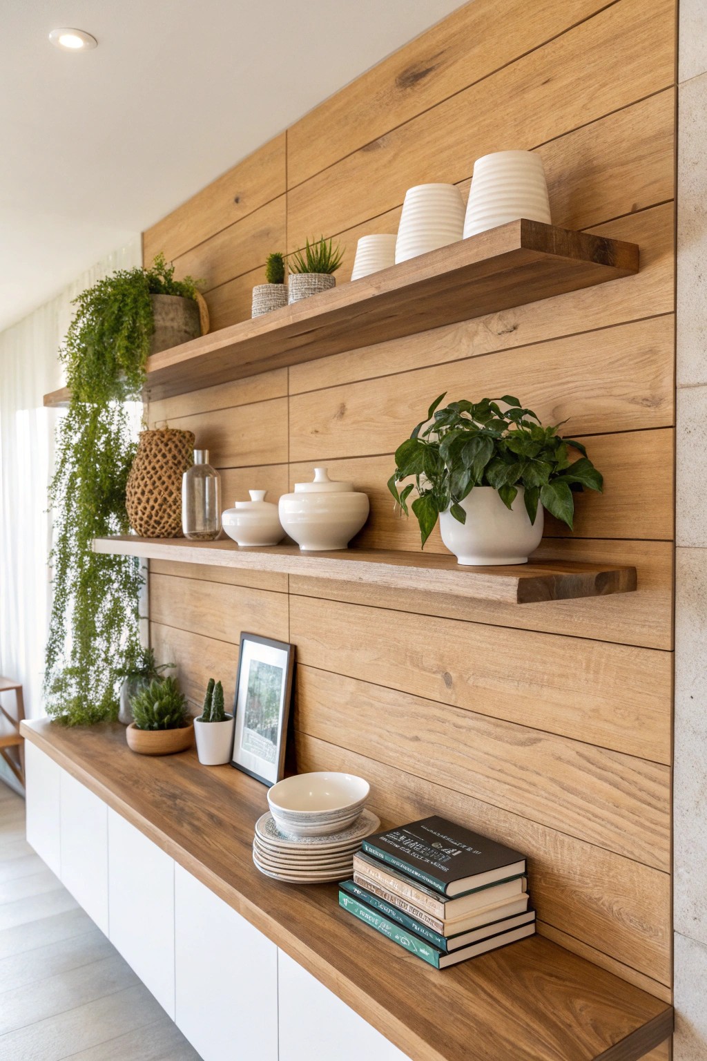 Natural wood accent wall with floating shelves—where function meets effortless style.